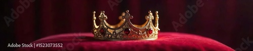 A majestic crown rests upon a plush velvet cushion, gleaming under soft, ambient lighting Ready for a royal occasion, the intricate details of the crown are sharply defined , treasure, authority