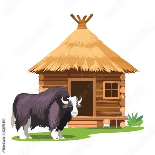Furry Musk Ox Near Primitive Wooden Hut