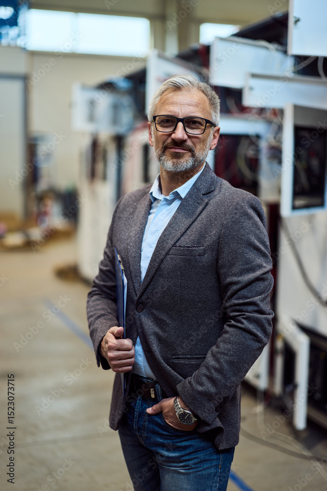Fototapeta premium Confident Businessman Standing in Modern Industrial Workspace Holding Clipboard