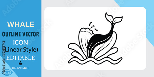 A simple, linear style vector icon of a whale breaching the ocean surface. The design is editable and resizable, perfect for various uses.