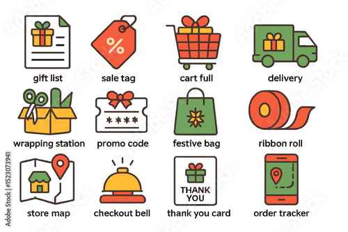 Holiday shopping icons: cart, delivery, gift wrap, and festive items