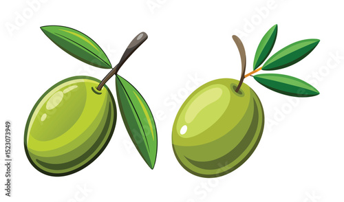 Photo of two ripe green olives, isolated on white background, cling to their branches with vibrant leaves