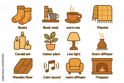 Cozy home essentials - socks, book nook, warm tea, planket, candle set, indoor plant, low light, room diffuser
