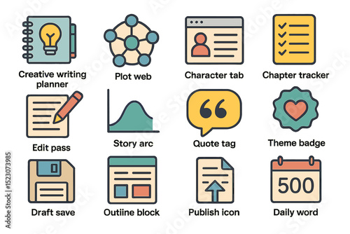 Creative writing tools and icons for planning and organizing stories