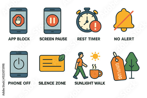 Digital wellness icons: app block, screen pause, rest timer, no alert, phone off, silence zone, sunlight walk, unplug