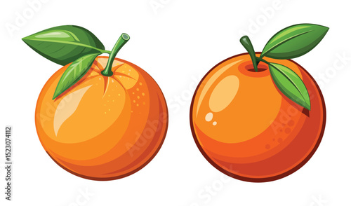 Photo of two vibrant oranges, isolated on white background, showcase their juicy segments and fresh green leaves