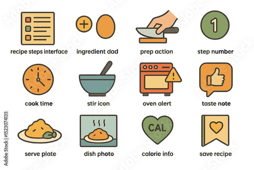 Cooking icons: recipe steps, ingredients, kitchen tools, and food symbols