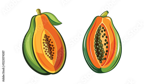 Photo of vibrant papaya halves, isolated on white background, showcasing their orange flesh and dark seeds