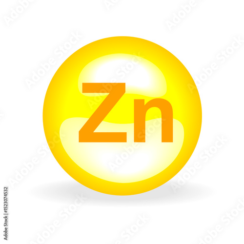 Zn Zinc. Mineral Gold Pill Icon. Vitamin Capsule Pill Icon. Substance For Beauty, Cosmetic, Heath Promo Ads Design. 3D Mineral Complex With Chemical Formula. Meds for heath ads. Vector Illustration