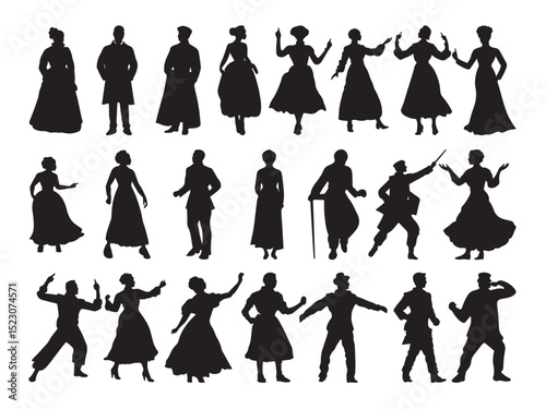 Vintage Silhouettes of Diverse People in Period Attire