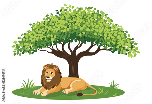 Lion Relaxing Under Lush Green Tree