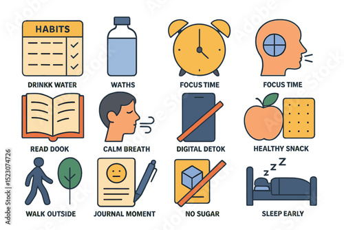 Daily habits icons for health and wellness including hydration, sleep, and nutrition