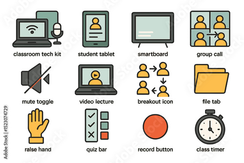 Classroom technology icons including smartboard, student tablet, and video lecture