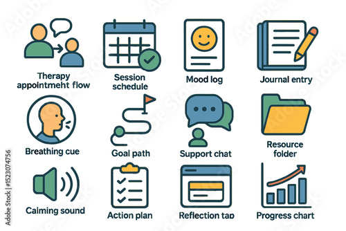 Mental health therapy app icons: session, mood, journal, support, progress