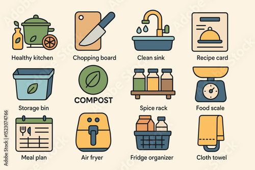 Kitchen essentials icons: compost, air fryer, spice rack, and more