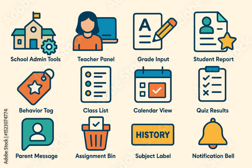 Educational icons: school tools, teacher, grades, reports, notifications