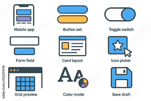 Ui elements showcase: mobile app, button set, toggle switch, and more
