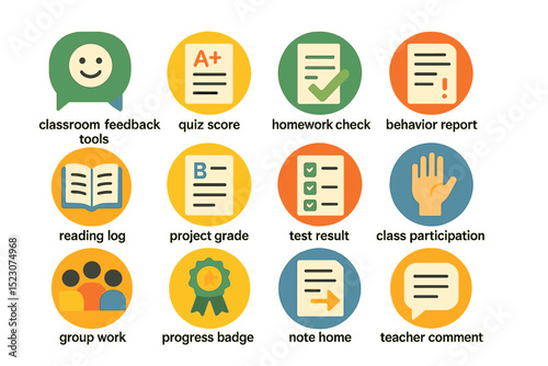 Classroom feedback tools icons: homework, grades, participation, communication, assessment