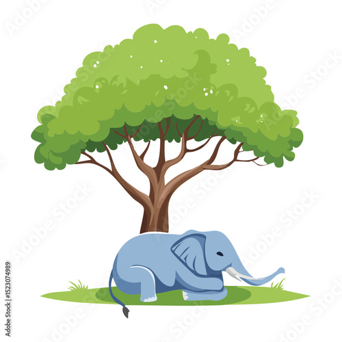 Peaceful Elephant Sleeping Under Green Tree