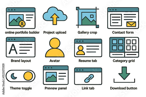 Online tools: portfolio builder, image editing, contact forms, and more in web icons set