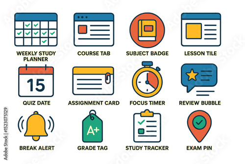 Educational interface icons set: study planner, course tab, subject badge, lesson tile