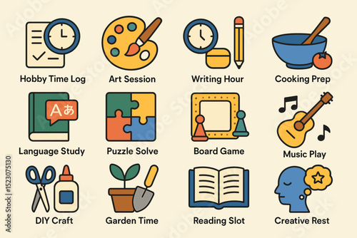 Illustrated icons representing various hobby activities and creative pursuits