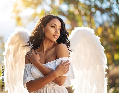 Woman in angel wings outdoors