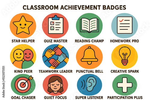 Colorful classroom achievement badges for various student accomplishments