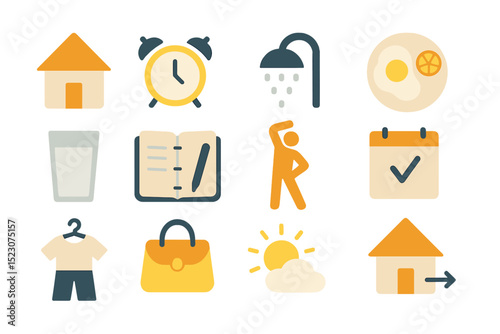 Morning routine icons: exercise, breakfast, planning essentials for a productive day