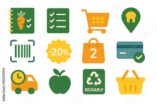 Eco-friendly shopping icons: cart, barcode, recycle symbol, delivery, discount