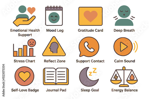 Emotional well-being icons for mental health support and self-care