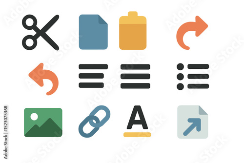 Colorful interface icons on blurred background: tools and elements overview
