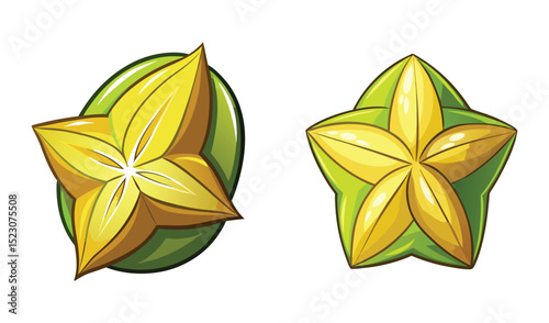 Photo of two vibrant star fruits, one partially peeled, isolated on white background