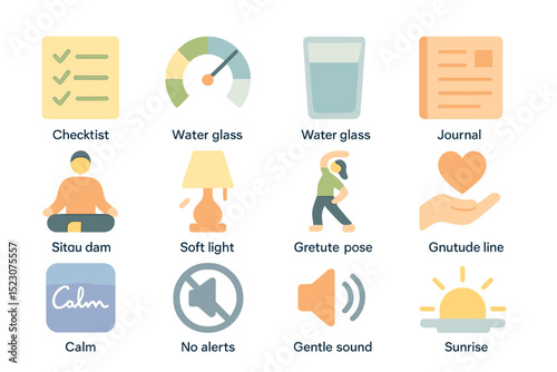 Daily routine icons: checklist, water glass, journal, meditation, exercise, sunrise