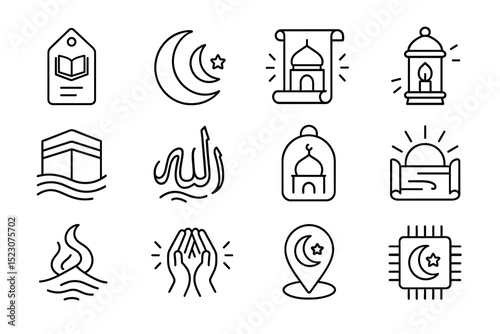 Islamic icon set featuring crescent, mosque, prayer hands, and lantern symbols