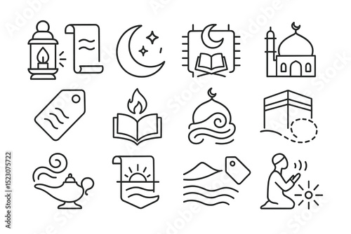 Line art collection featuring islamic symbols: lantern, mosque, quran, crescent moon, prayer