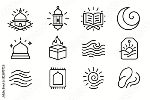 Islamic symbols collection: mosque, lantern, quran, crescent, kaaba, prayer mat icons