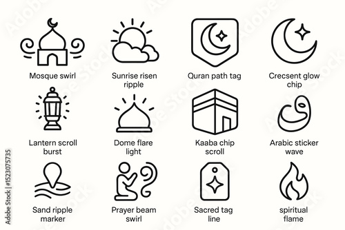 Collection of islamic symbols with mosque, quran, and crescent moon designs