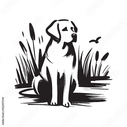 Labrador hunting dog in reeds ink brush sketch vector illustration