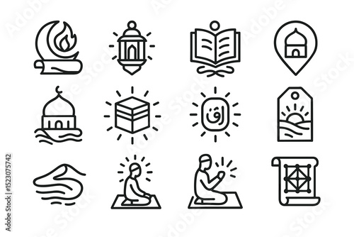 Islamic line icons: mosque, quran, lantern, prayer, kaaba, crescent moon