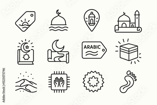 Islamic icon set featuring mosque, quran, kaaba, prayer rug, and arabic symbols