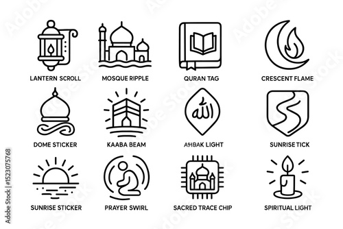Islamic symbols collection including lantern, mosque, quran, crescent, and prayer icons