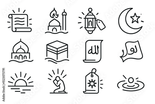 Islamic symbols: mosque, crescent moon, quran scroll, lantern, prayer, kaaba, sunrise