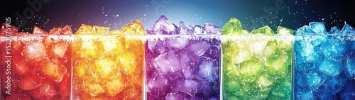 Colorful Rainbow Ice Cubes with Water Splashing in Frosty Glass
