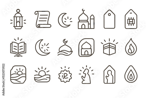 Islamic icon set featuring mosque, crescent moon, lantern, and quran symbols
