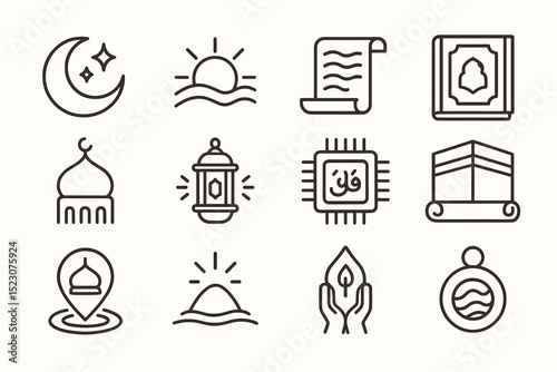 Islamic icon set featuring mosque lantern quran and kaaba symbols