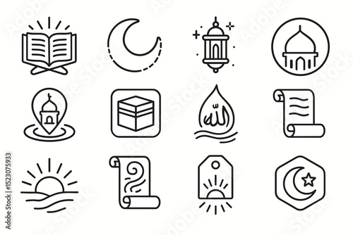 Islamic symbols collection: quran, crescent, lantern, mosque, kaaba, calligraphy