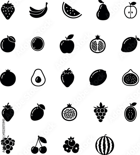 Black and White Fruit Icon Set - Simple Food Silhouette Vector Collection.