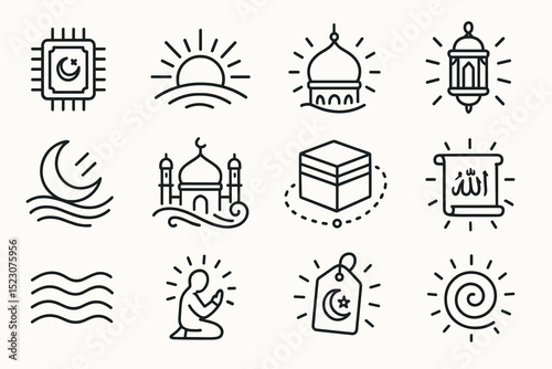 Islamic icons: mosque, crescent, prayer, lantern, quran, kaaba