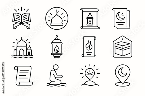 Islamic icon set featuring mosque, prayer, and crescent symbols
